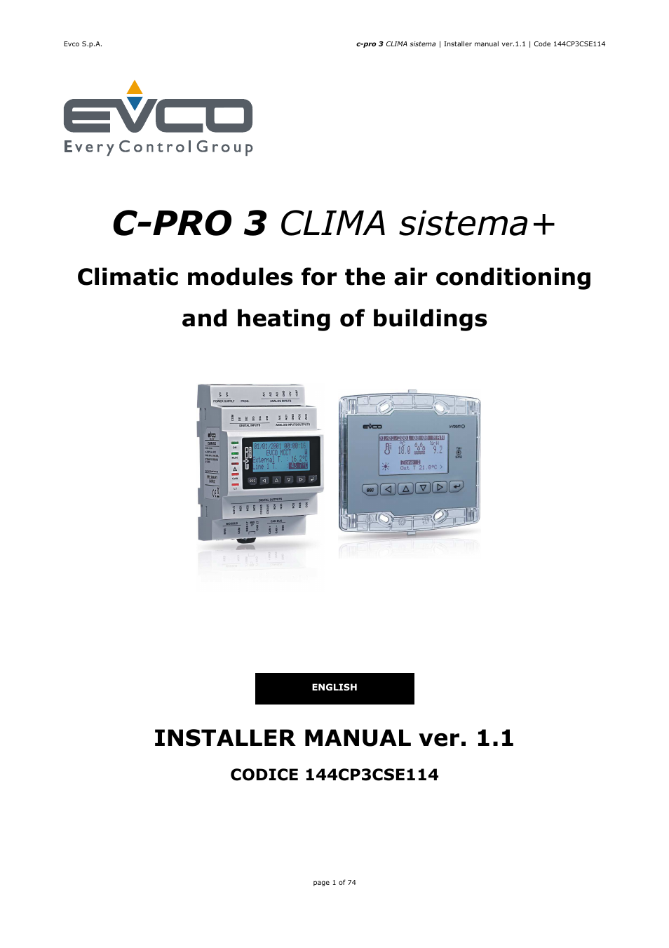 EVCO EPH4DXP1CT Installer manual User Manual | 74 pages