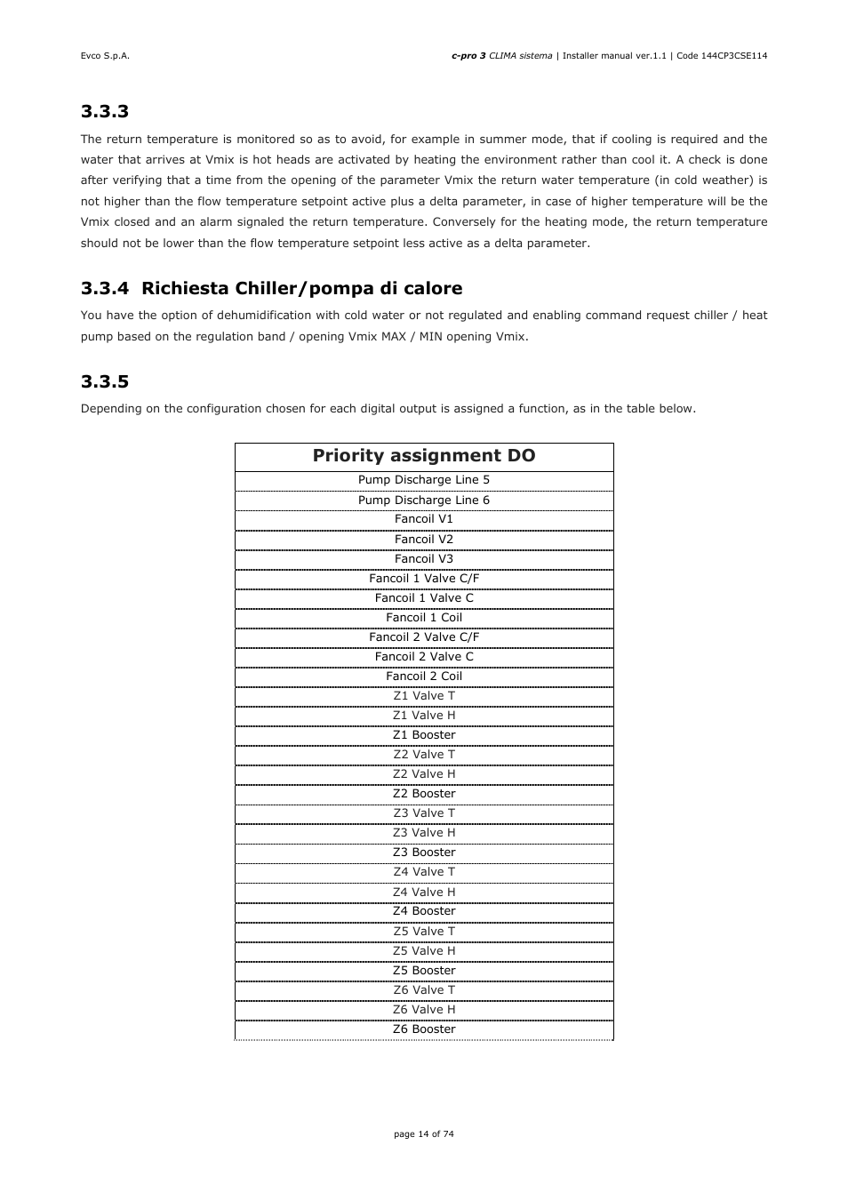 3 return temperature control, 4 richiesta chiller/pompa di calore, 5 configuration options | Priority assignment do | EVCO EPH4DXP1CT Installer manual User Manual | Page 14 / 74