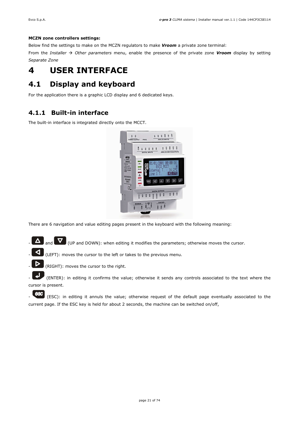4user interface, 1 display and keyboard, 1 built-in interface | EVCO EPH4DXP1CT Installer manual User Manual | Page 21 / 74