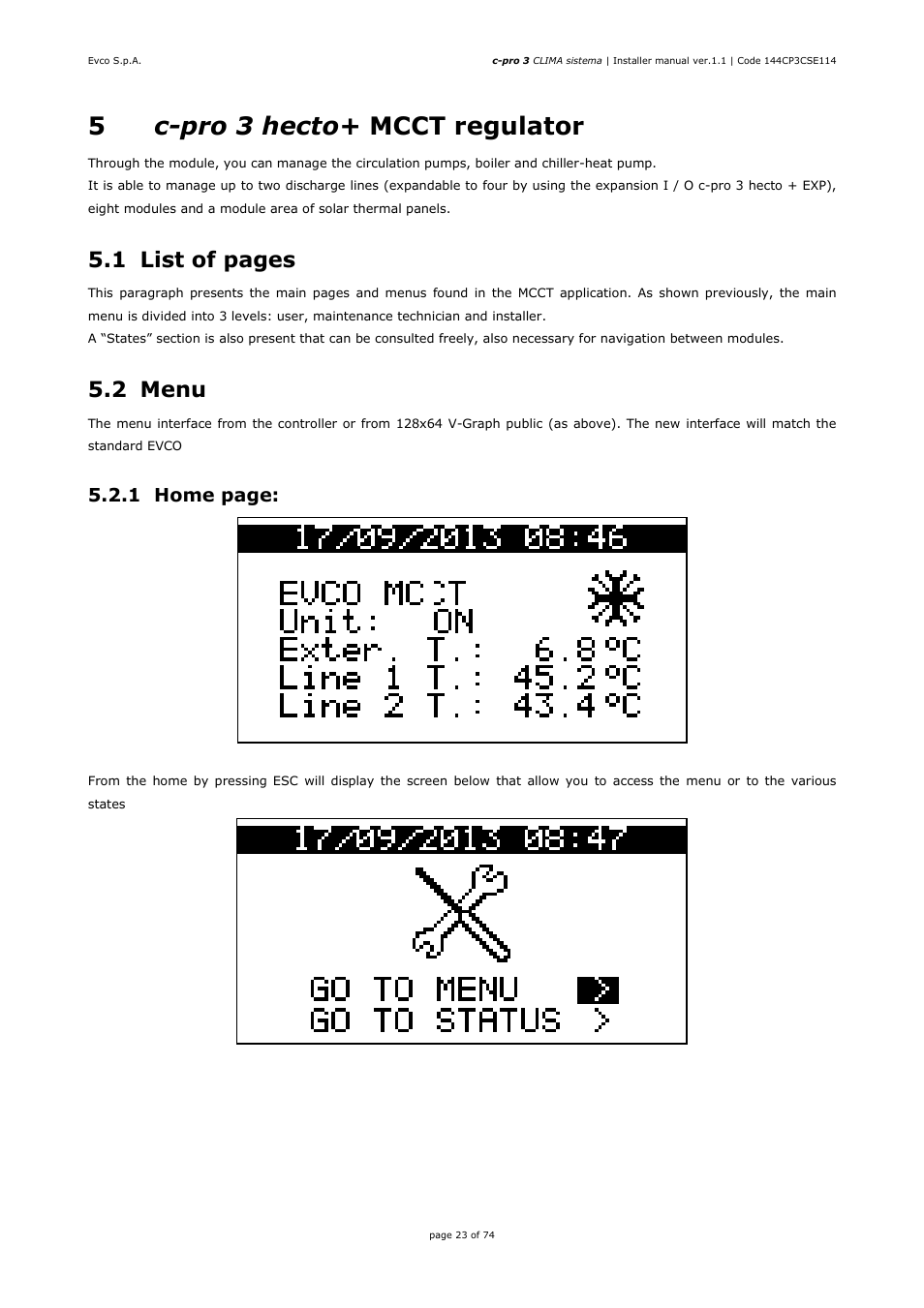5c-pro 3 hecto+ mcct regulator, 1 list of pages, 2 menu | 1 home page | EVCO EPH4DXP1CT Installer manual User Manual | Page 23 / 74