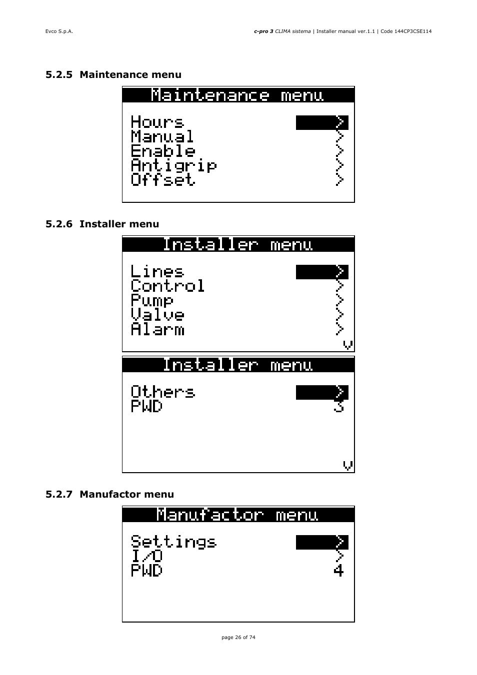 5 maintenance menu, 6 installer menu, 7 manufactor menu | EVCO EPH4DXP1CT Installer manual User Manual | Page 26 / 74