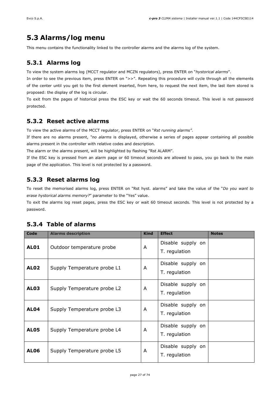 3 alarms/log menu, 1 alarms log, 2 reset active alarms | 3 reset alarms log, 4 table of alarms | EVCO EPH4DXP1CT Installer manual User Manual | Page 27 / 74