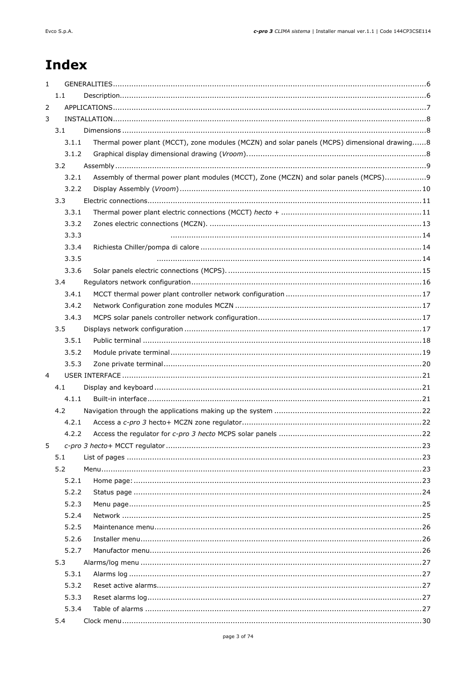 Index | EVCO EPH4DXP1CT Installer manual User Manual | Page 3 / 74