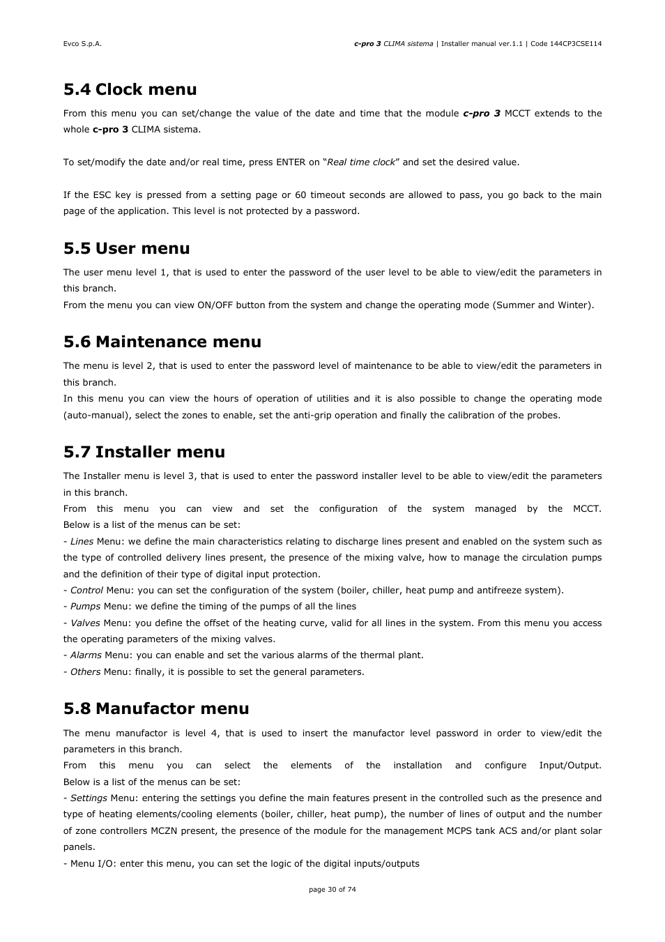 4 clock menu, 5 user menu, 6 maintenance menu | 7 installer menu, 8 manufactor menu | EVCO EPH4DXP1CT Installer manual User Manual | Page 30 / 74