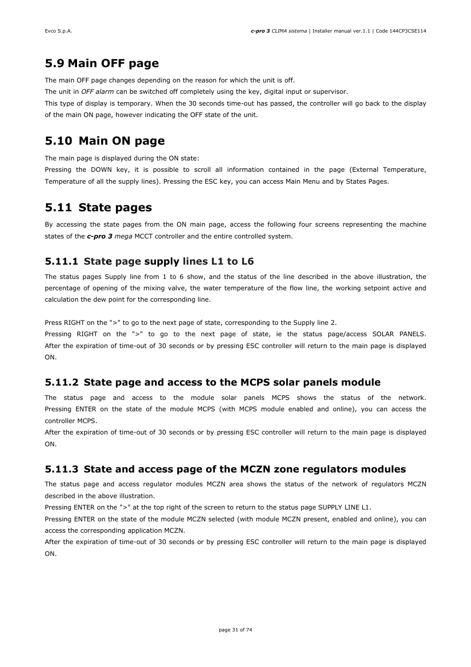 9 main off page, 10 main on page, 11 state pages | 1 stat e page supply lines l1 to l6 | EVCO EPH4DXP1CT Installer manual User Manual | Page 31 / 74