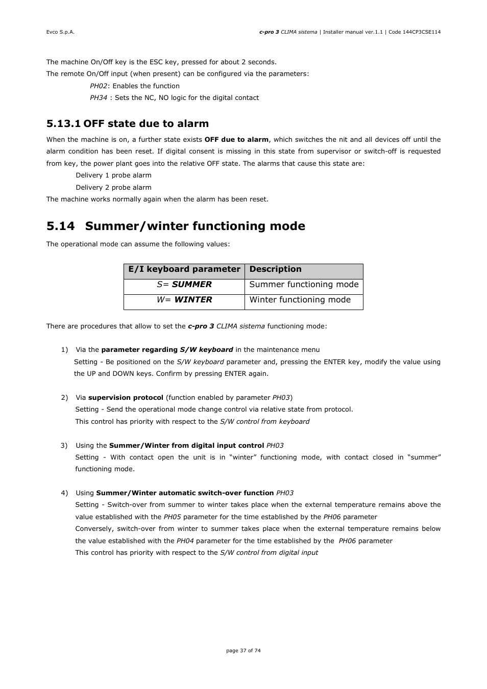 14 summer/winter functioning mode, 1 off state due to alarm | EVCO EPH4DXP1CT Installer manual User Manual | Page 37 / 74