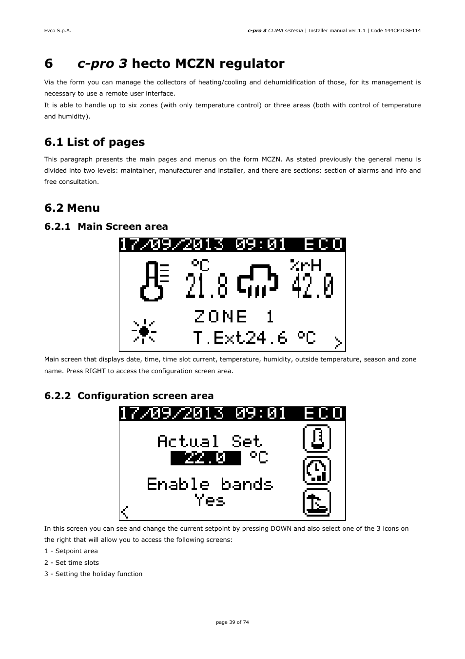 6c-pro 3 hecto mczn regulator, 1 list of pages, 2 menu | 1 main screen area, 2 configuration screen area | EVCO EPH4DXP1CT Installer manual User Manual | Page 39 / 74
