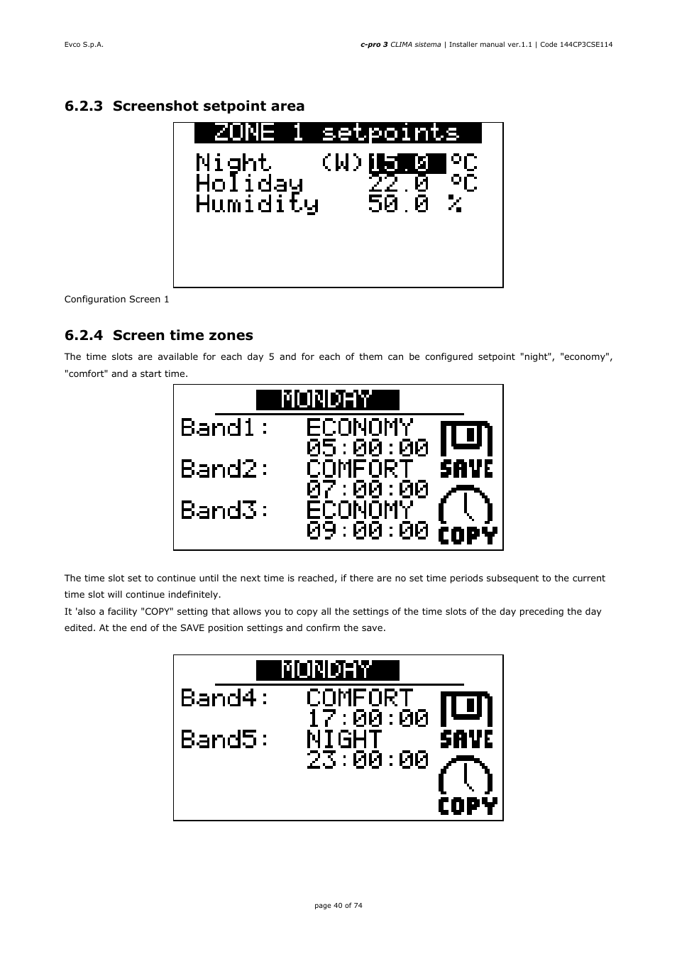 3 screenshot setpoint area, 4 screen time zones | EVCO EPH4DXP1CT Installer manual User Manual | Page 40 / 74