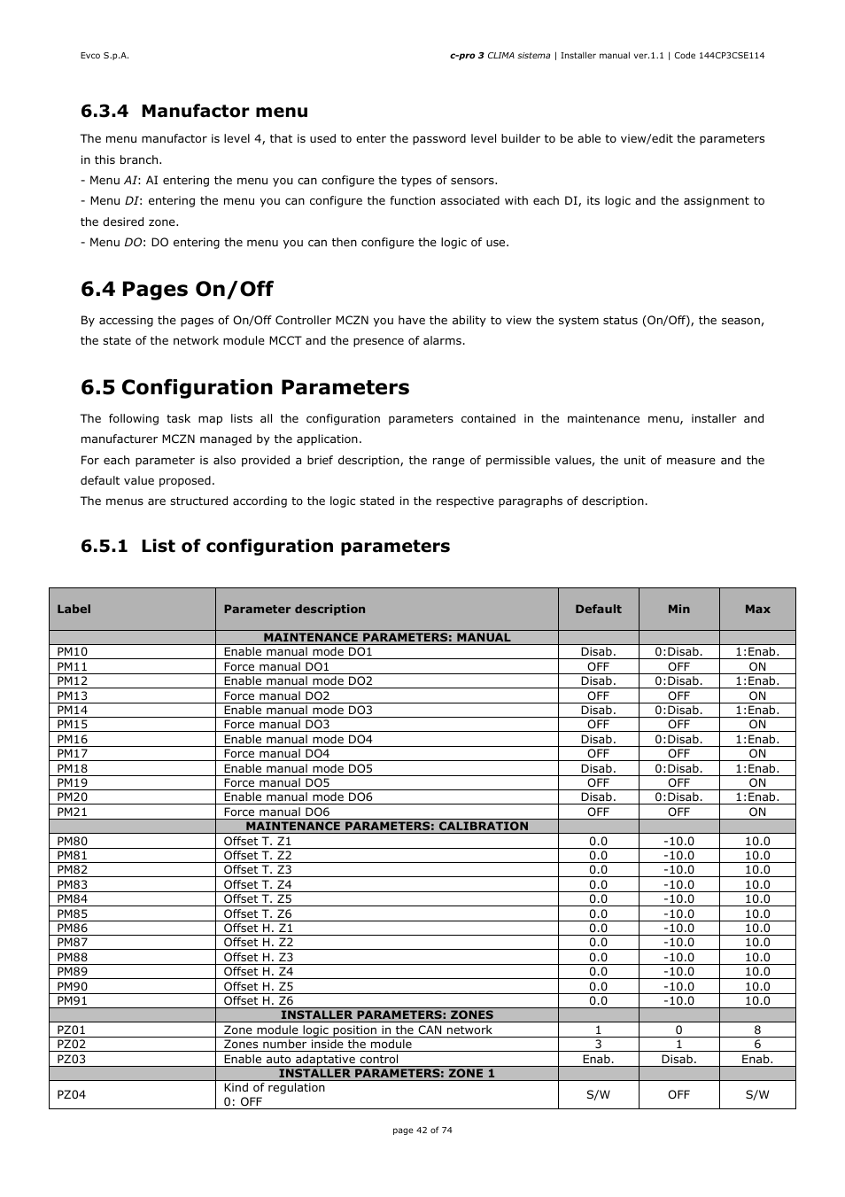 4 pages on/off, 5 configuration parameters, 4 manufactor menu | 1 list of configuration parameters | EVCO EPH4DXP1CT Installer manual User Manual | Page 42 / 74