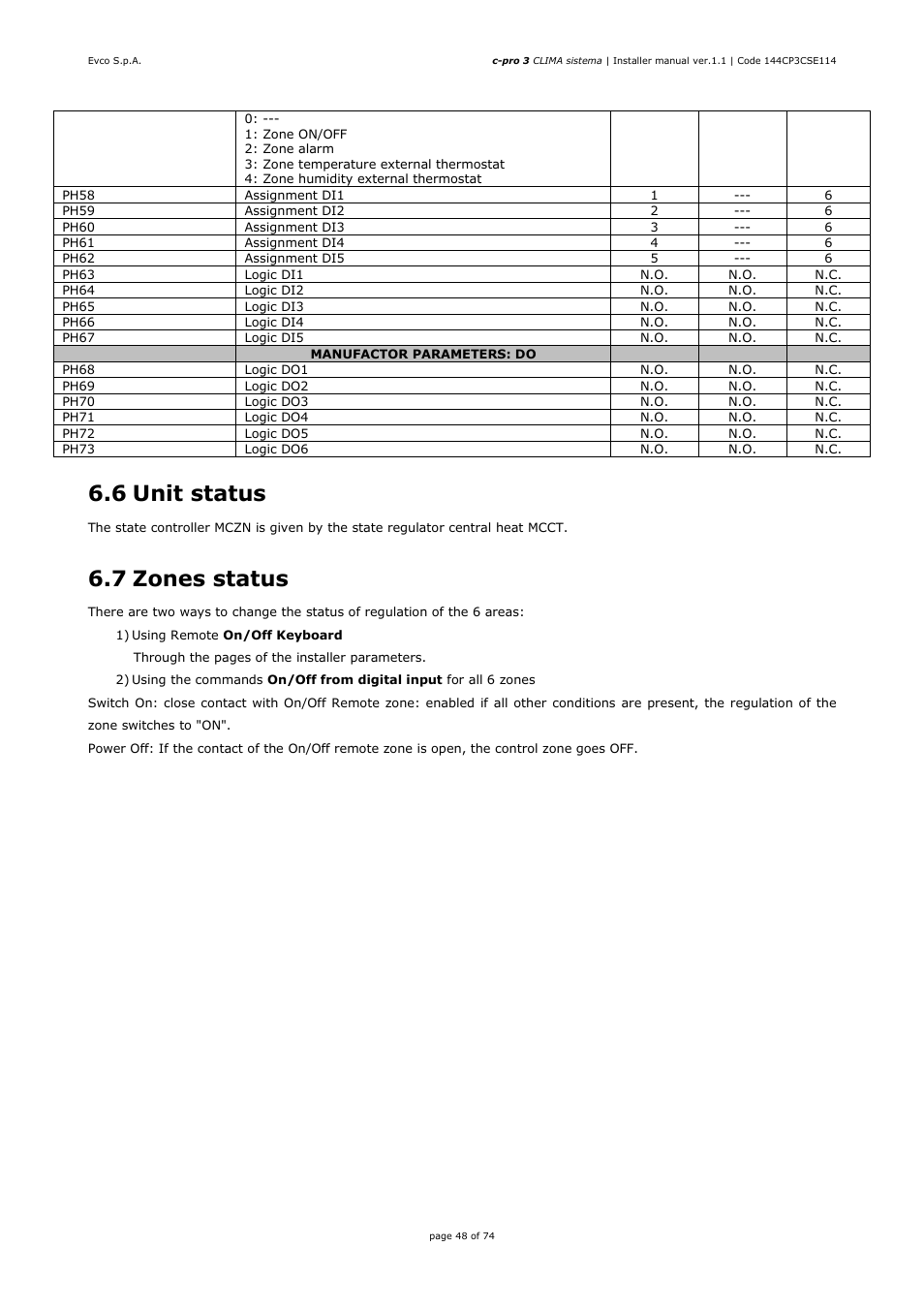 6 unit status, 7 zones status | EVCO EPH4DXP1CT Installer manual User Manual | Page 48 / 74