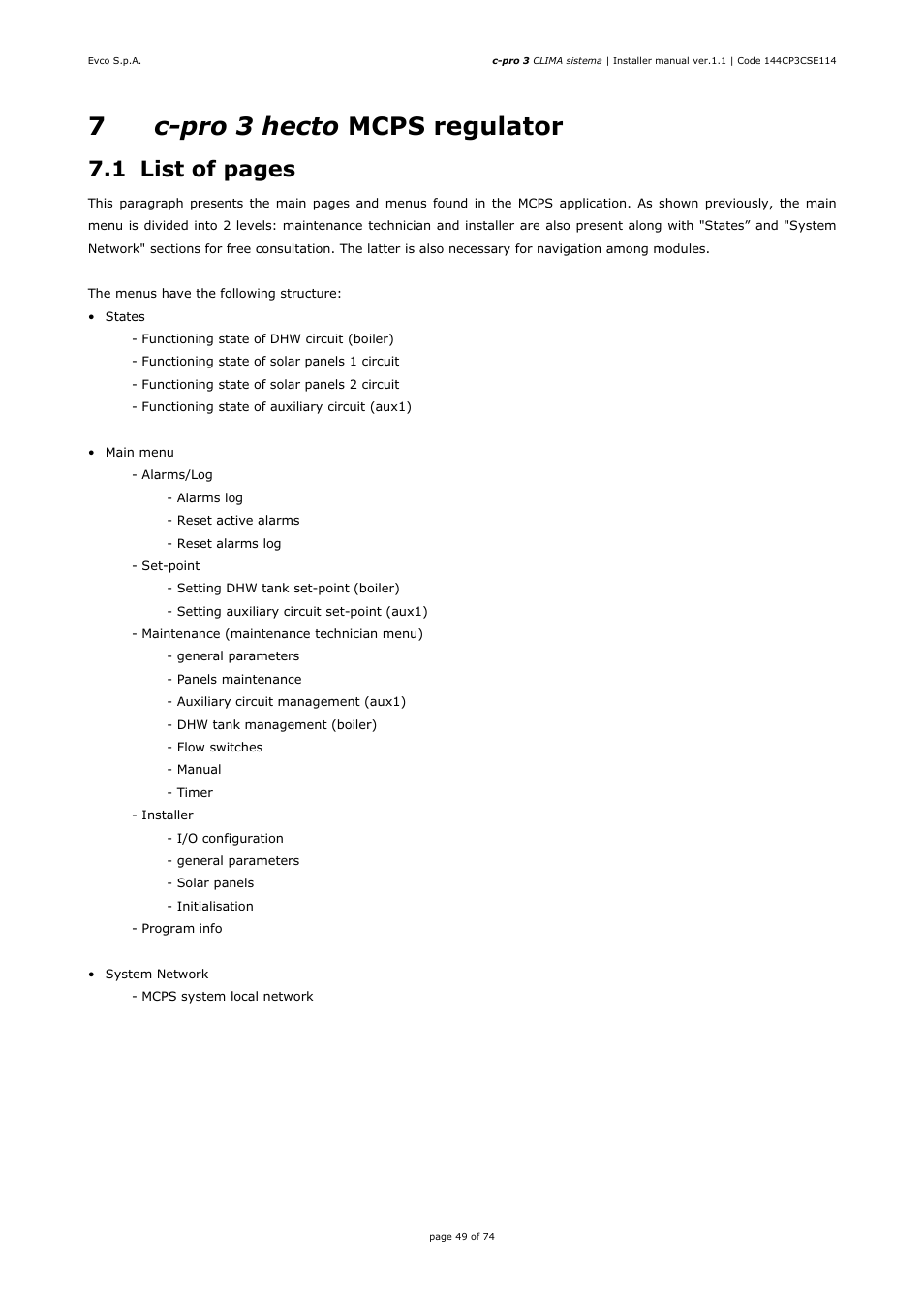 7c-pro 3 hecto mcps regulator, 1 list of pages | EVCO EPH4DXP1CT Installer manual User Manual | Page 49 / 74