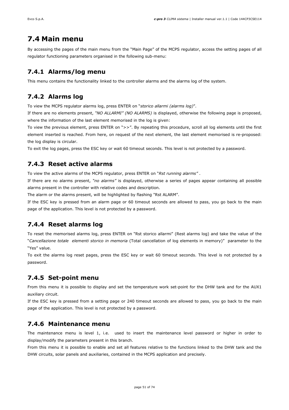 4 main menu, 1 alarms/log menu, 2 alarms log | 3 reset active alarms, 4 reset alarms log, 5 set-point menu, 6 maintenance menu | EVCO EPH4DXP1CT Installer manual User Manual | Page 51 / 74