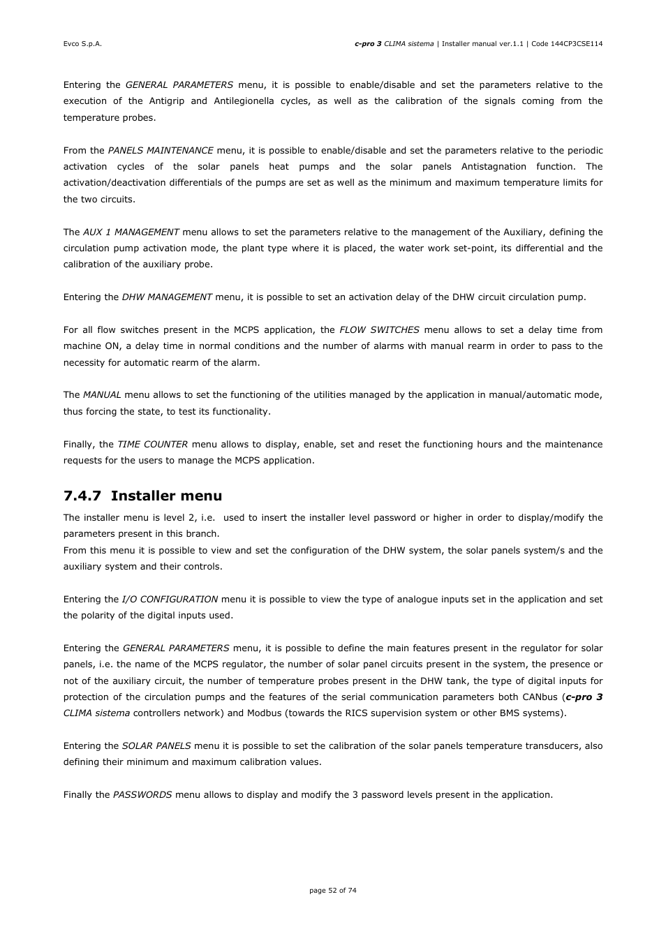7 installer menu | EVCO EPH4DXP1CT Installer manual User Manual | Page 52 / 74
