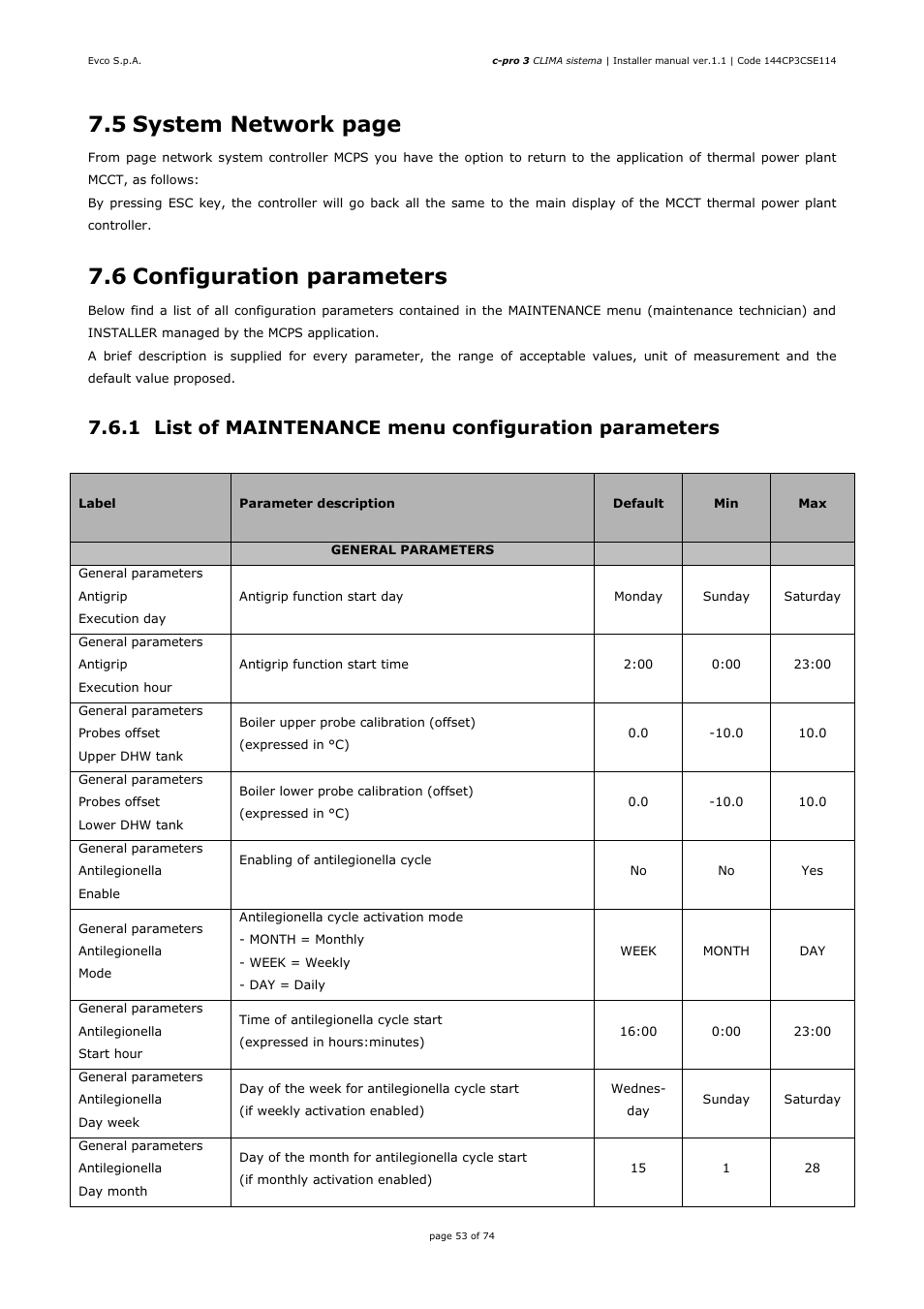 5 system network page, 6 configuration parameters | EVCO EPH4DXP1CT Installer manual User Manual | Page 53 / 74