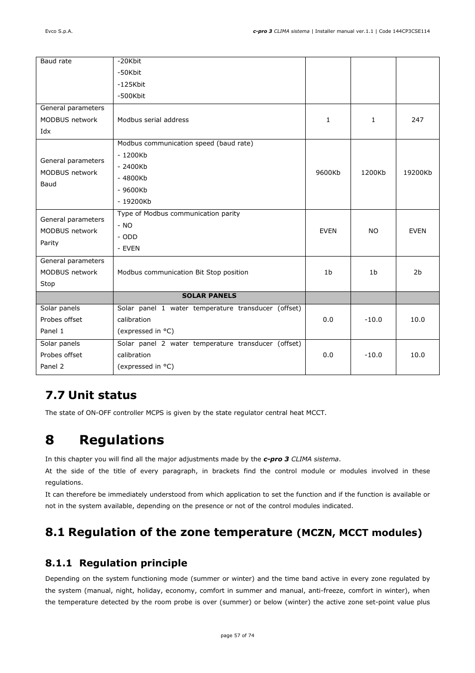 8regulations, 7 unit status, 1 regulation of the zone temperature | Mczn, mcct modules), 1 regulation principle | EVCO EPH4DXP1CT Installer manual User Manual | Page 57 / 74