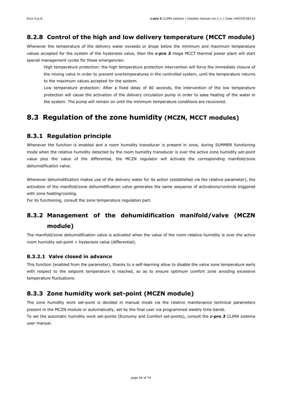 3 regulation of the zone humidity, Mczn, mcct modules), 1 regulation principle | 3 zone humidity work set-point (mczn module) | EVCO EPH4DXP1CT Installer manual User Manual | Page 64 / 74
