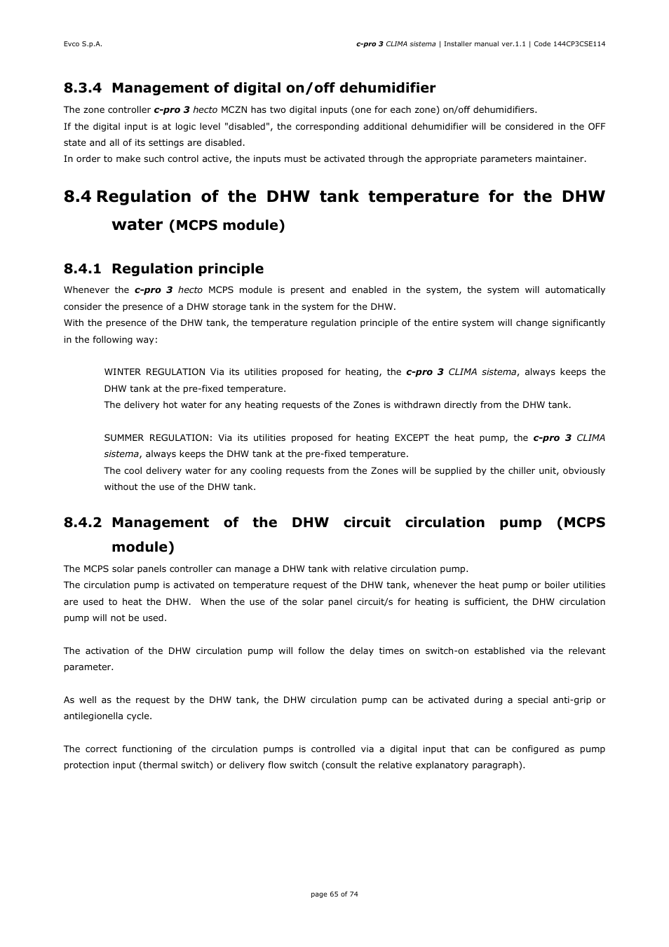 4 management of digital on/off dehumidifier, Mcps module), 1 regulation principle | EVCO EPH4DXP1CT Installer manual User Manual | Page 65 / 74