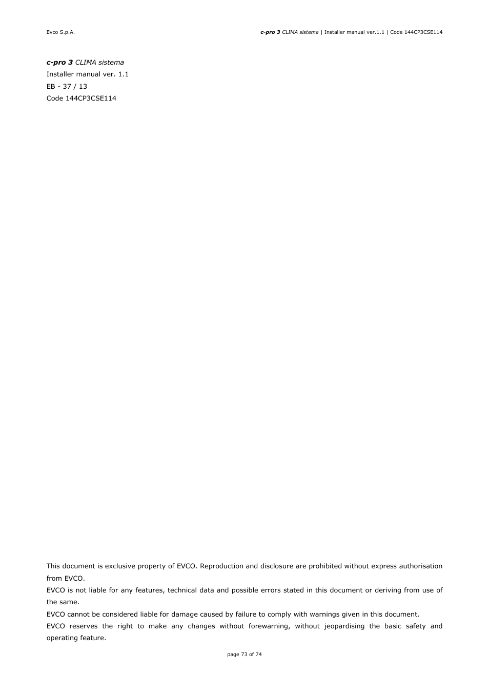 EVCO EPH4DXP1CT Installer manual User Manual | Page 73 / 74