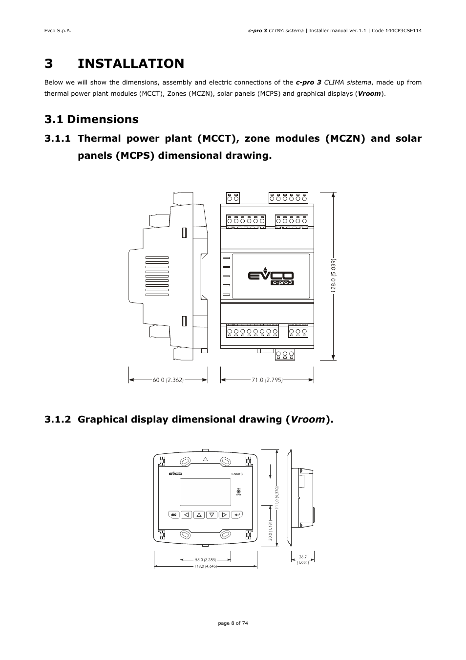 3installation, 1 dimensions, 2 graphical display dimensional drawing ( vroom ) | EVCO EPH4DXP1CT Installer manual User Manual | Page 8 / 74