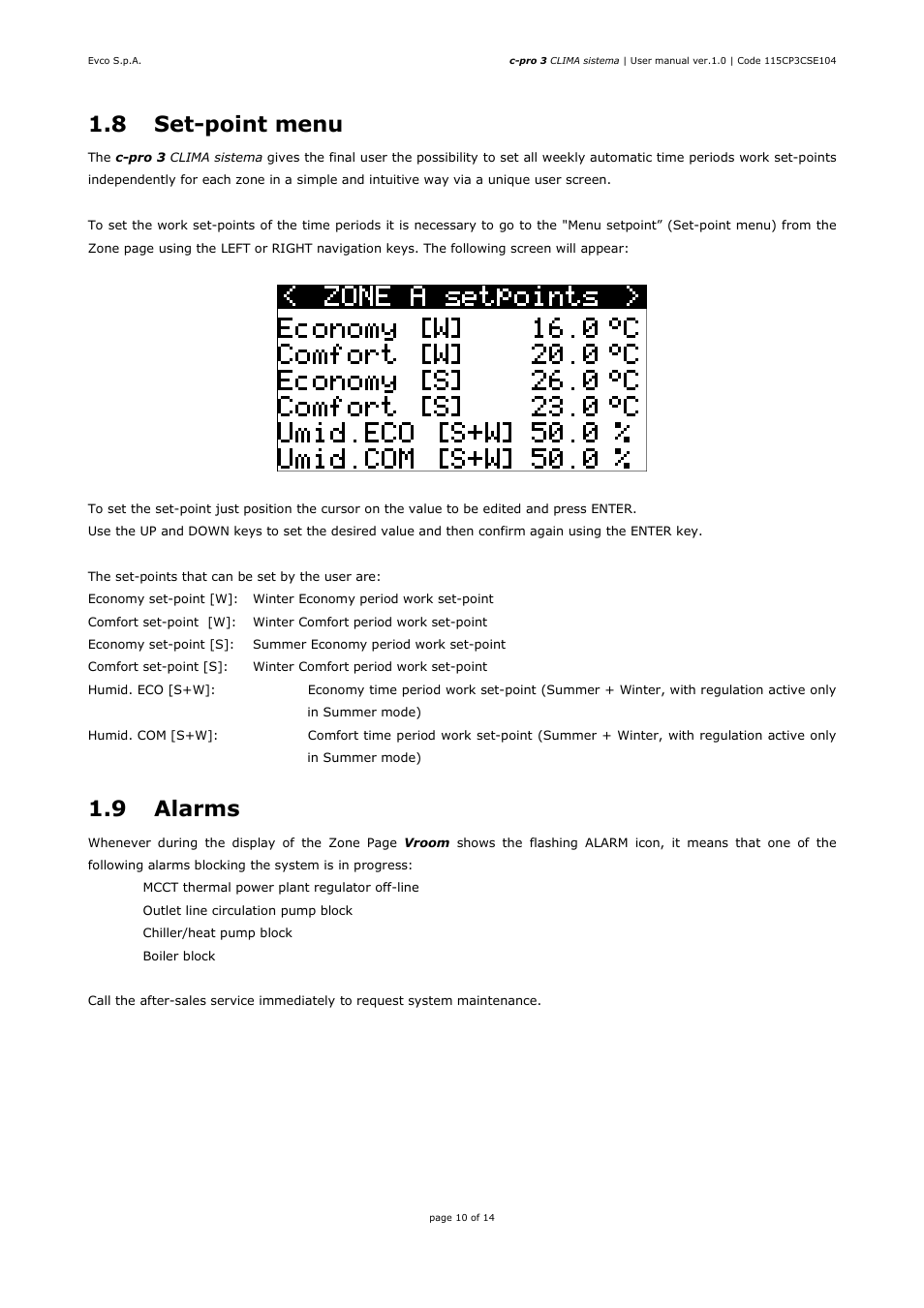 8 set-point menu, 9 alarms | EVCO EPH4DXP1CT User manual User Manual | Page 10 / 14