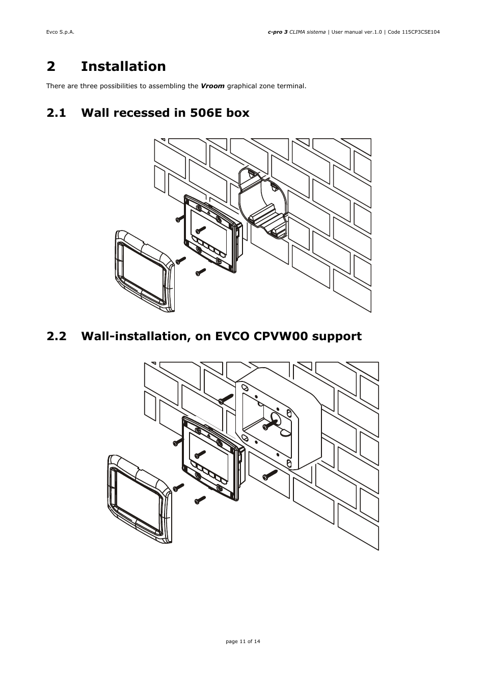 2installation, 1 wall recessed in 506e box, 2 wall-installation, on evco cpvw00 support | EVCO EPH4DXP1CT User manual User Manual | Page 11 / 14
