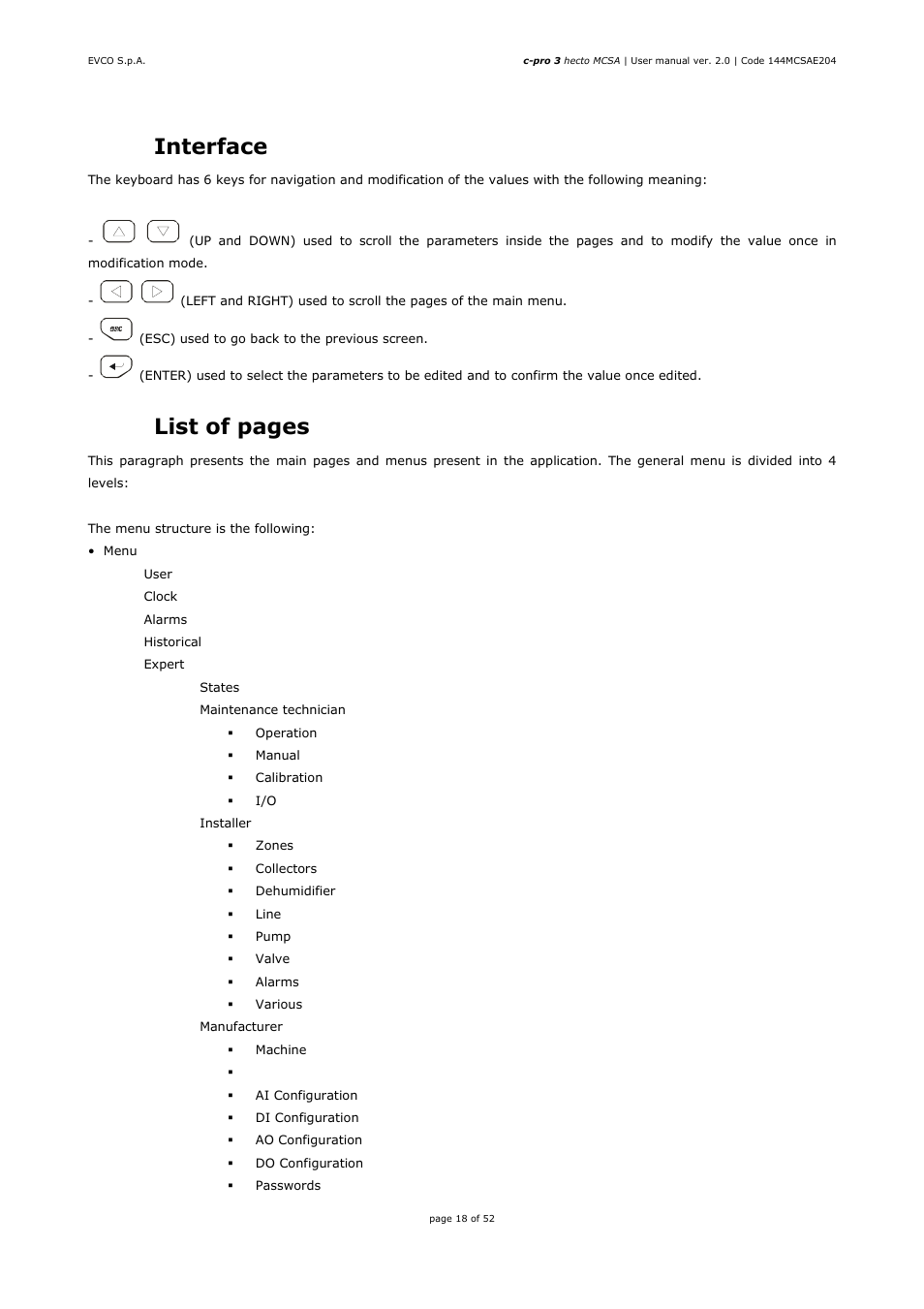 2 interface, 3 list of pages | EVCO EPH4DXP1SA User Manual | Page 18 / 52