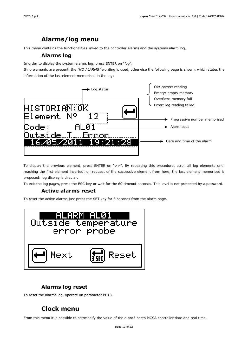 4 alarms/log menu, 5 clock menu, 1 alarms log | 2 active alarms reset, 3 alarms log reset | EVCO EPH4DXP1SA User Manual | Page 19 / 52