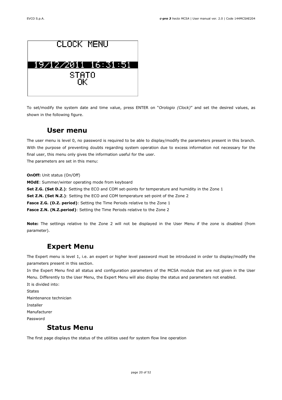 6 user menu, 7 expert menu, 8 status menu | EVCO EPH4DXP1SA User Manual | Page 20 / 52