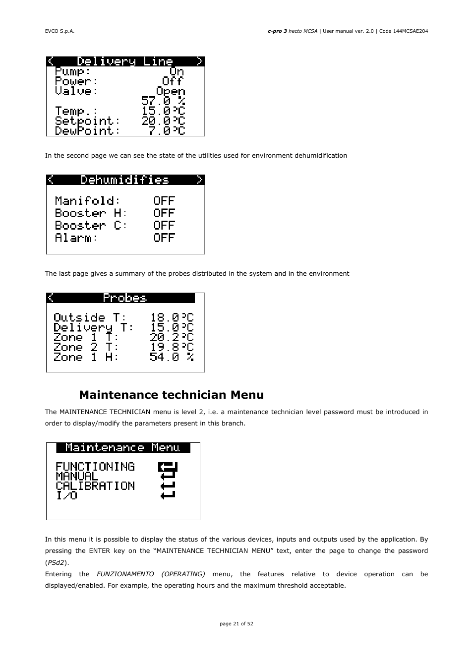 9 maintenance technician menu | EVCO EPH4DXP1SA User Manual | Page 21 / 52