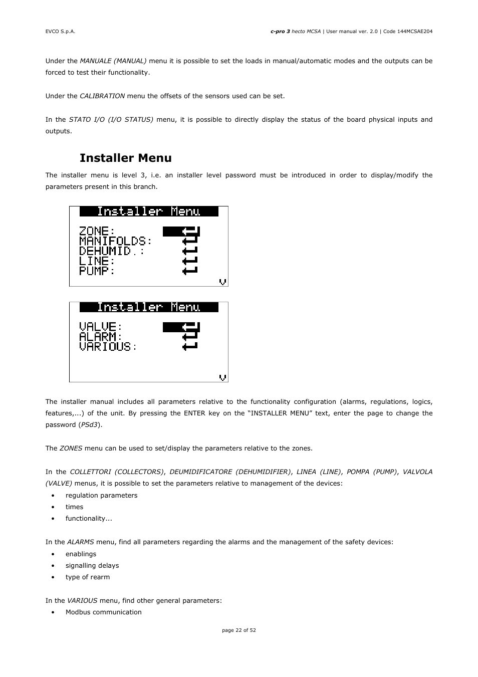 10 installer menu | EVCO EPH4DXP1SA User Manual | Page 22 / 52