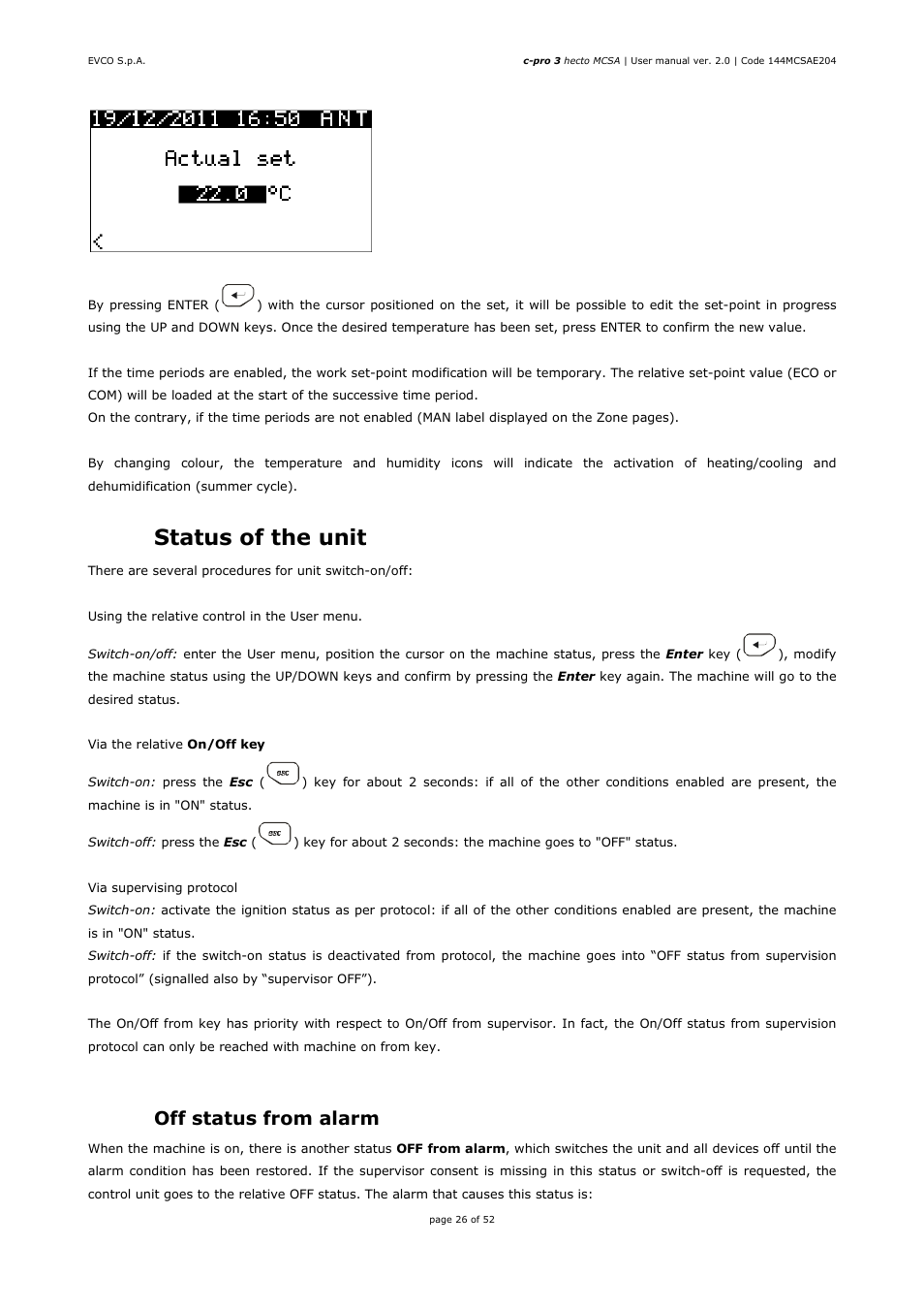 2 status of the unit, 1 off status from alarm | EVCO EPH4DXP1SA User Manual | Page 26 / 52