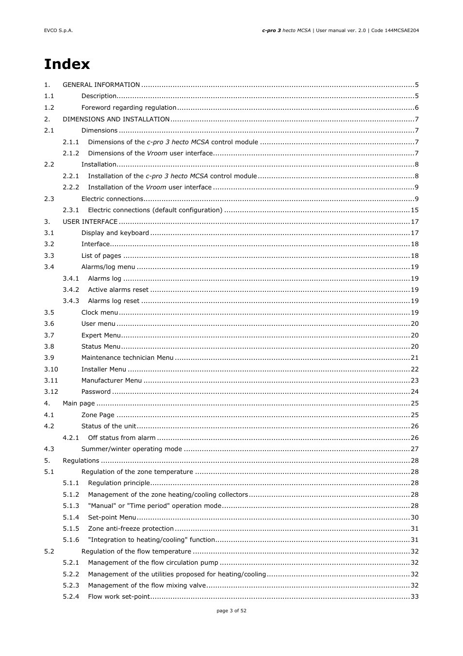 Index | EVCO EPH4DXP1SA User Manual | Page 3 / 52