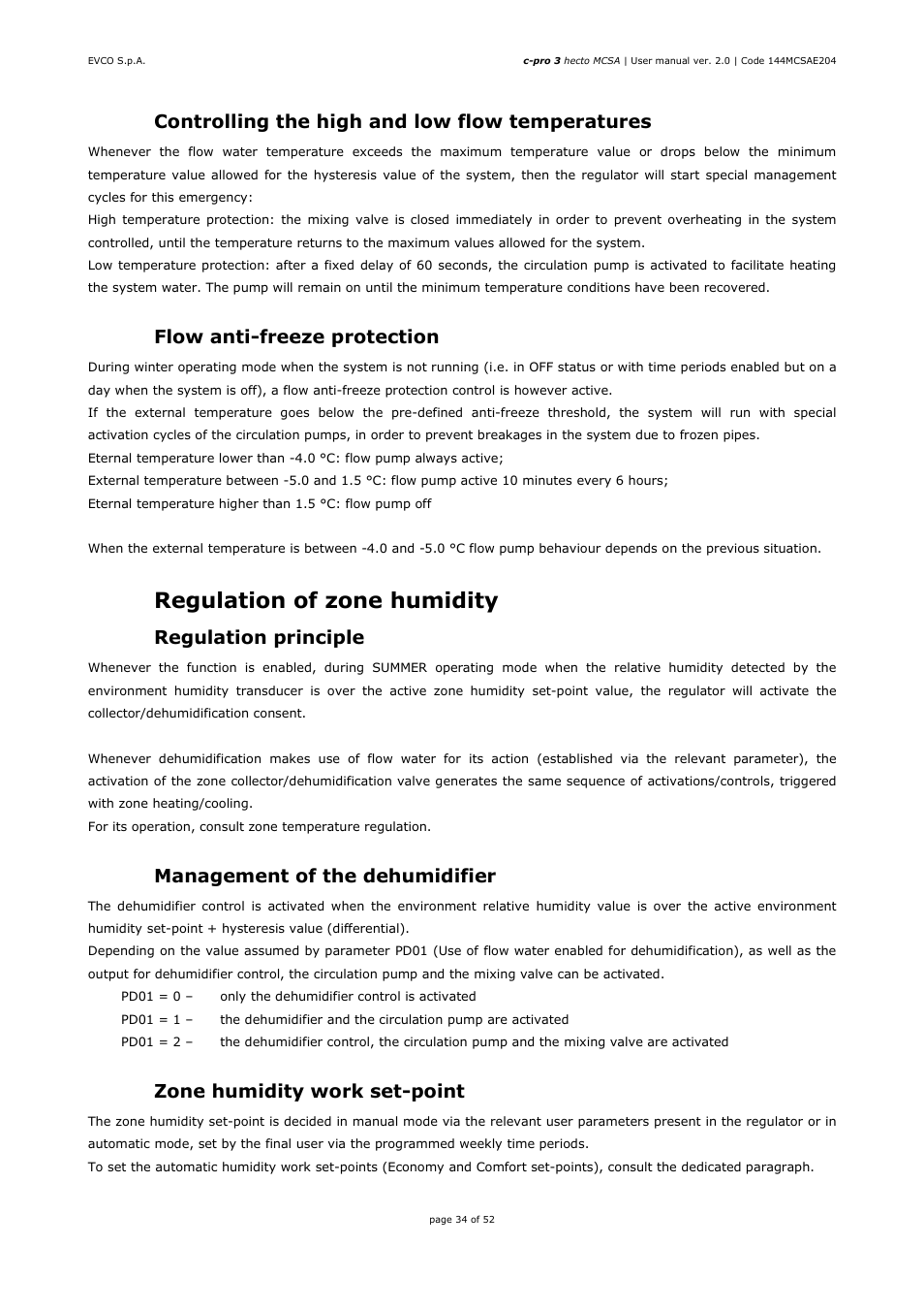 3 regulation of zone humidity, 6 controlling the high and low flow temperatures, 7 flow anti-freeze protection | 1 regulation principle, 2 management of the dehumidifier, 3 zone humidity work set-point | EVCO EPH4DXP1SA User Manual | Page 34 / 52