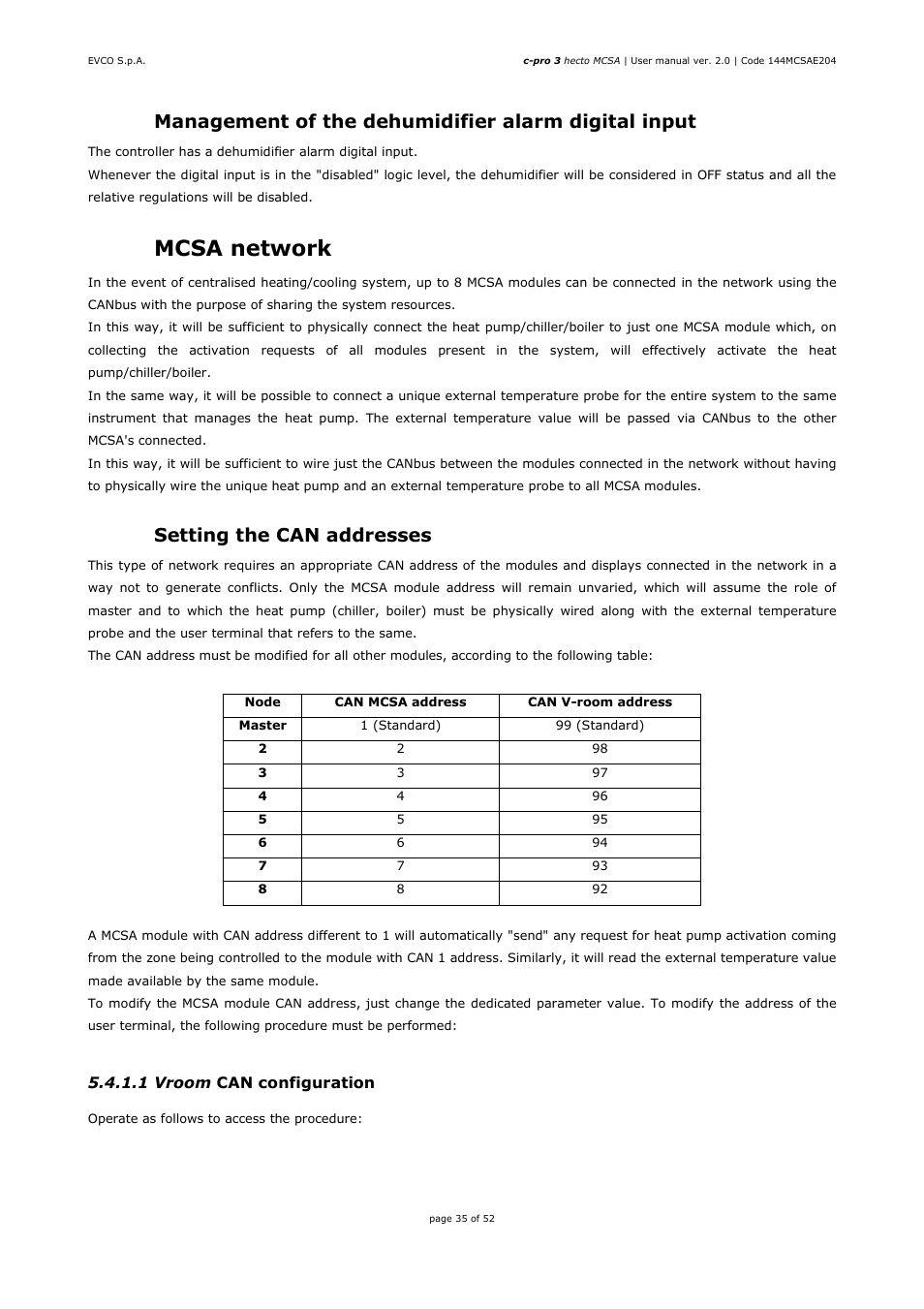 4 mcsa network, 1 setting the can addresses | EVCO EPH4DXP1SA User Manual | Page 35 / 52
