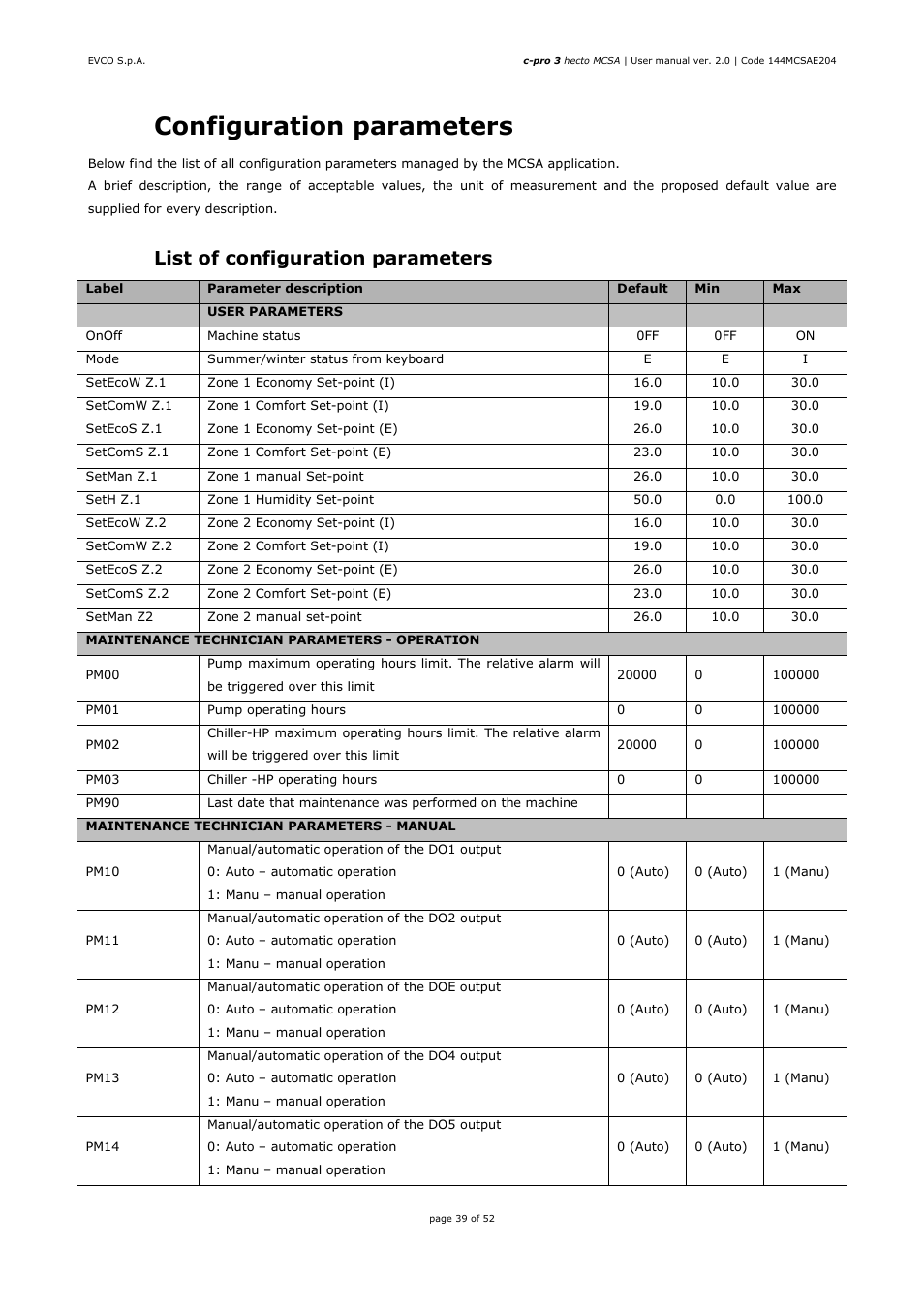 Configuration parameters, 1 list of configuration parameters | EVCO EPH4DXP1SA User Manual | Page 39 / 52