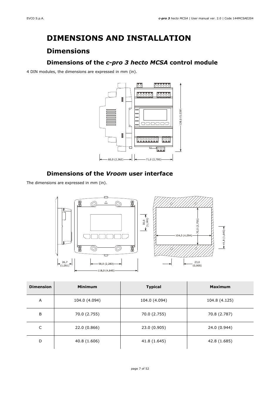 Dimensions and installation, 1 dimensions, 2 dimensions of the vroom user interface | EVCO EPH4DXP1SA User Manual | Page 7 / 52