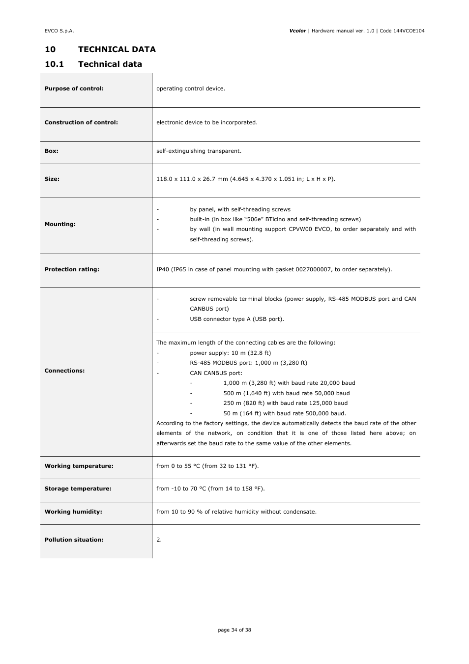EVCO EPV4CBR Hardware manual User Manual | Page 34 / 38