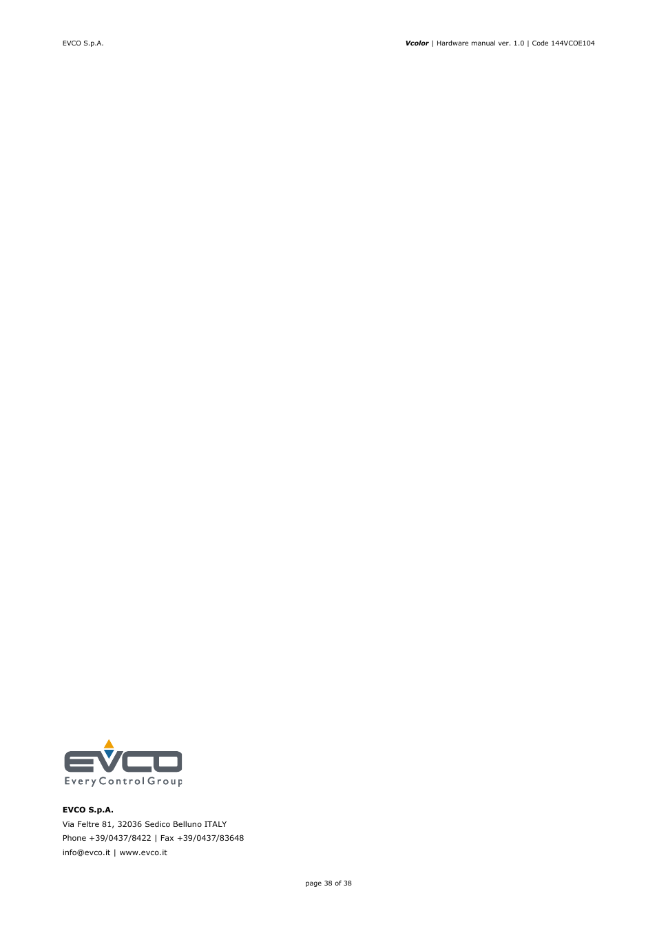 EVCO EPV4CBR Hardware manual User Manual | Page 38 / 38