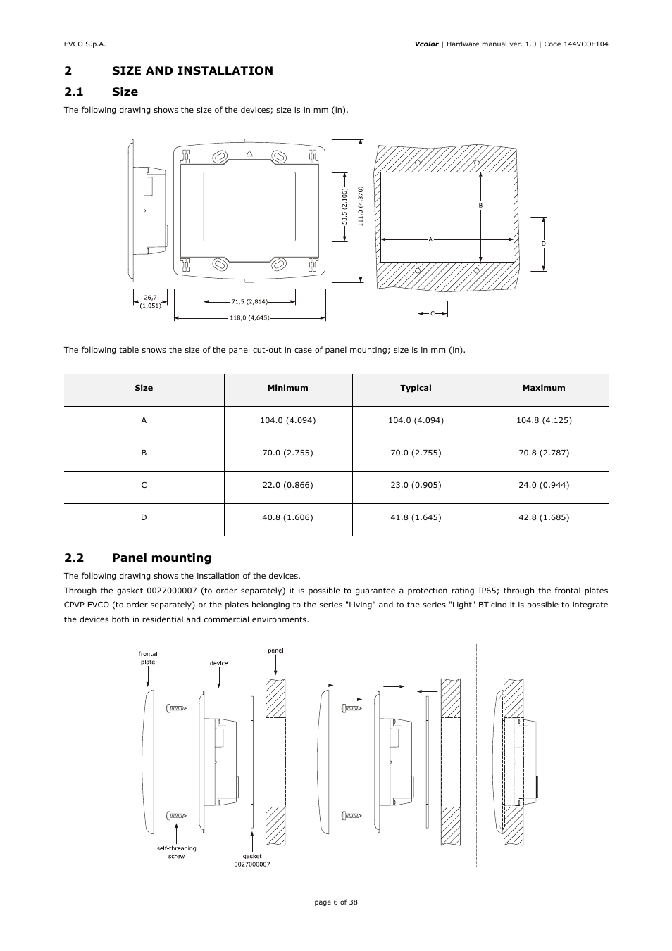 2size and installation 2.1 size, 2 panel mounting | EVCO EPV4CBR Hardware manual User Manual | Page 6 / 38