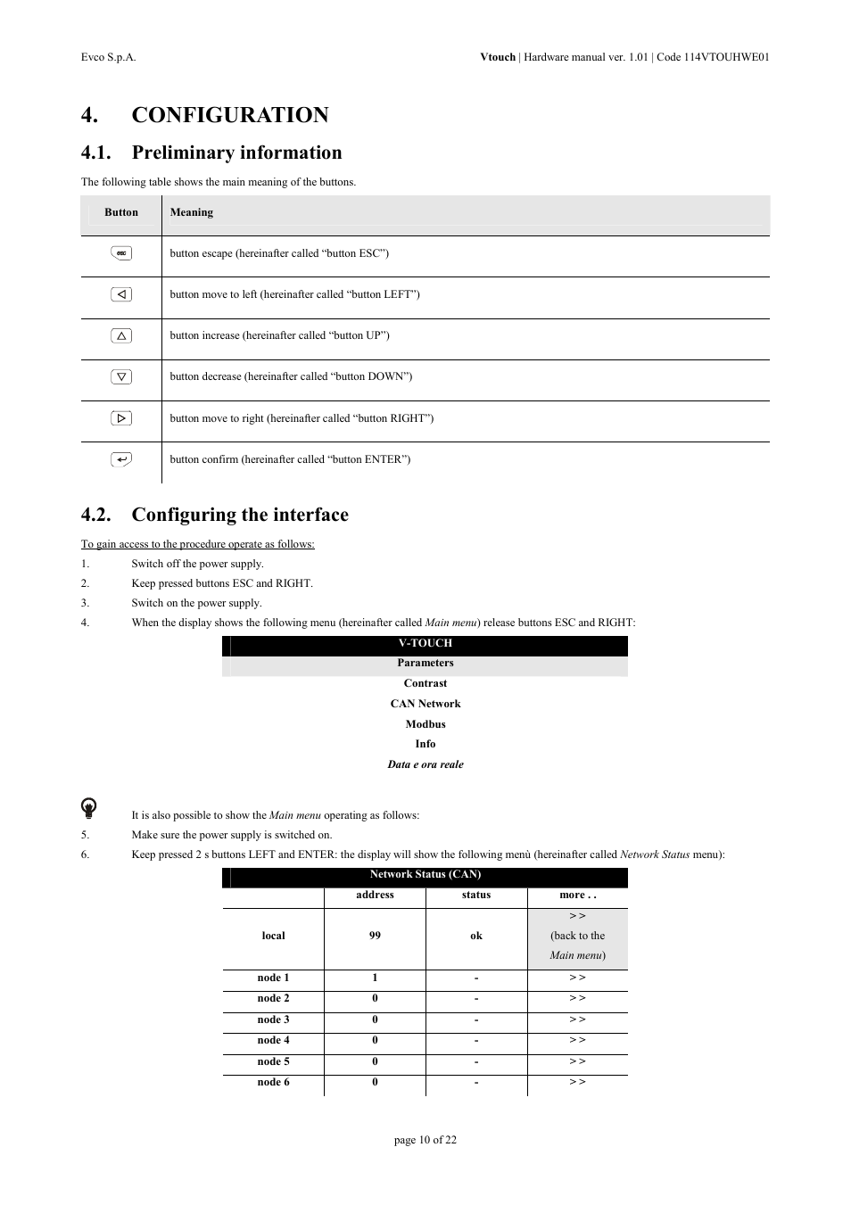 Configuration, Preliminary information, Configuring the interface | EVCO EPV4TBR Hardware manual User Manual | Page 10 / 22