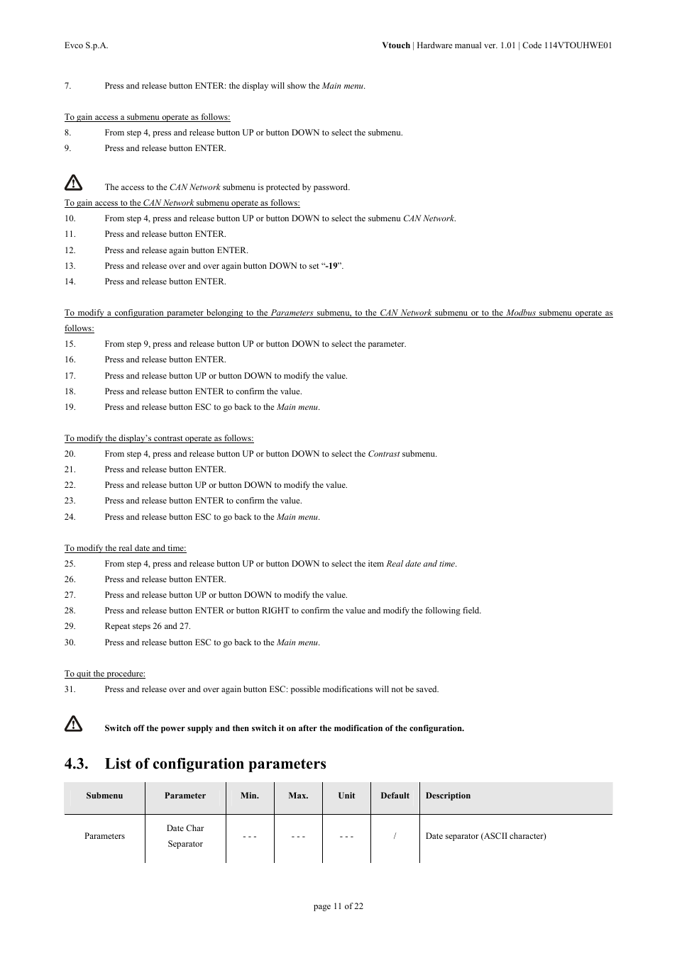 List of configuration parameters | EVCO EPV4TBR Hardware manual User Manual | Page 11 / 22