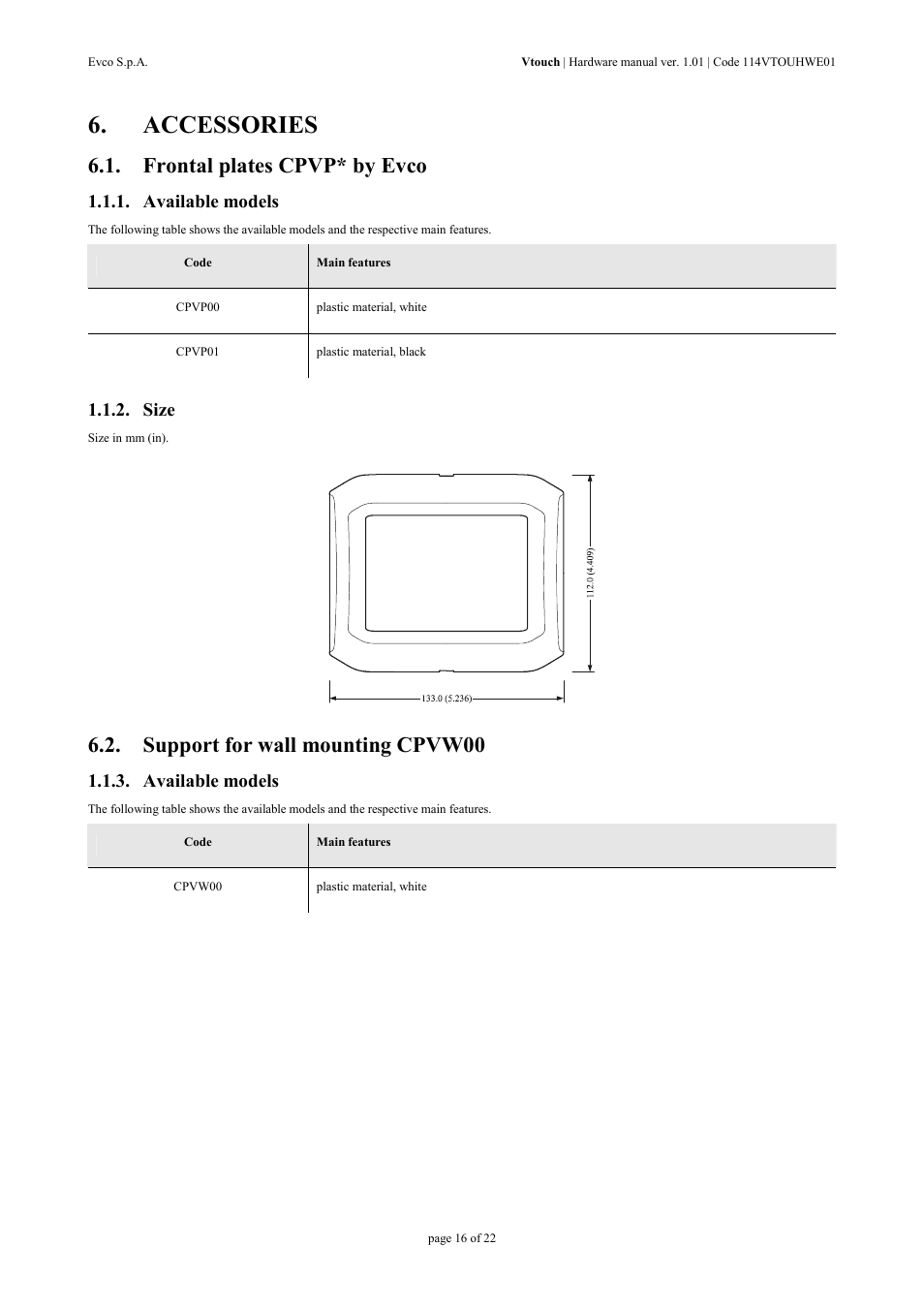 Accessories, Frontal plates cpvp* by evco, Support for wall mounting cpvw00 | Available models, Size | EVCO EPV4TBR Hardware manual User Manual | Page 16 / 22