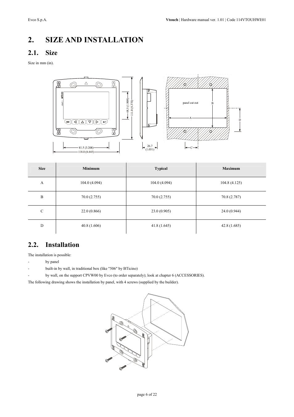 Size and installation, Size, Installation | EVCO EPV4TBR Hardware manual User Manual | Page 6 / 22