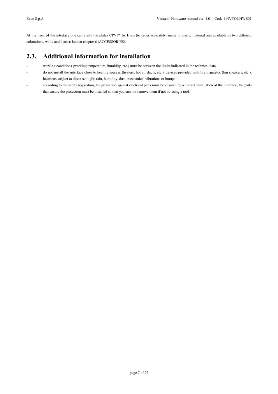 Additional information for installation | EVCO EPV4TBR Hardware manual User Manual | Page 7 / 22