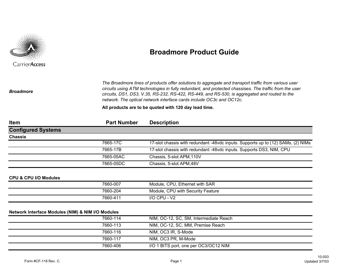Carrier Access 7665-17C User Manual | 3 pages