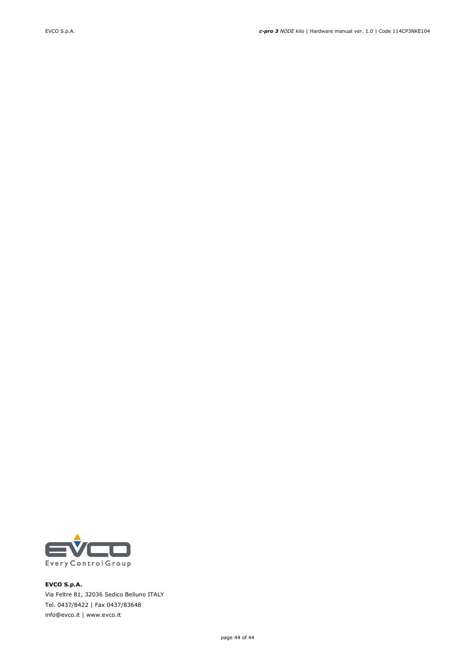 EVCO EPK4LHX Hardware manual User Manual | Page 44 / 44