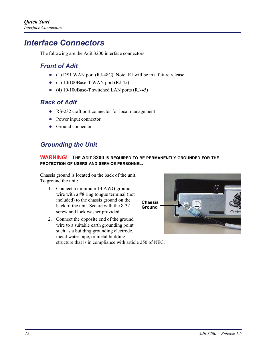 Interface connectors, Front of adit, Back of adit | Grounding the unit | Carrier Access Adit 3200 User Manual | Page 12 / 28