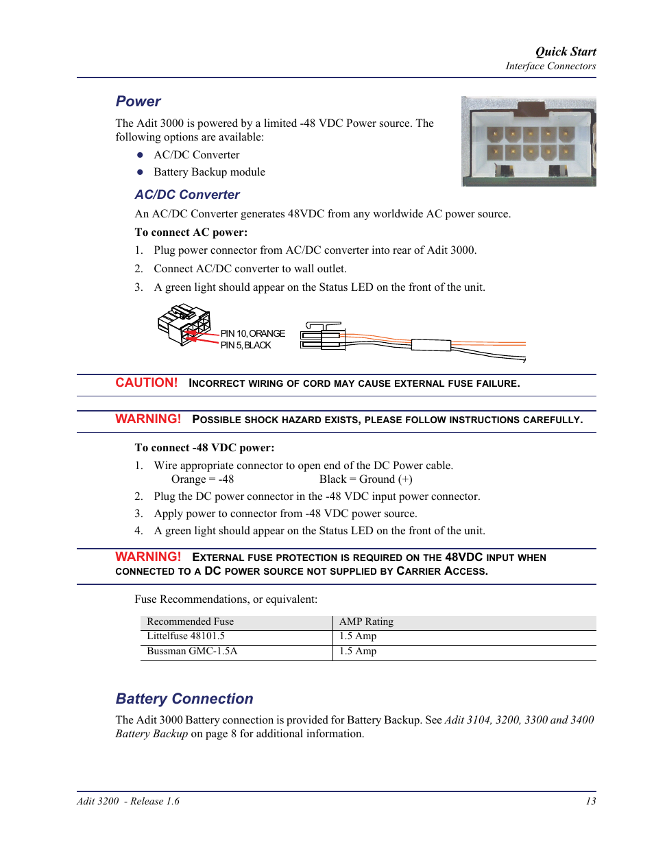 Power, Battery connection | Carrier Access Adit 3200 User Manual | Page 13 / 28