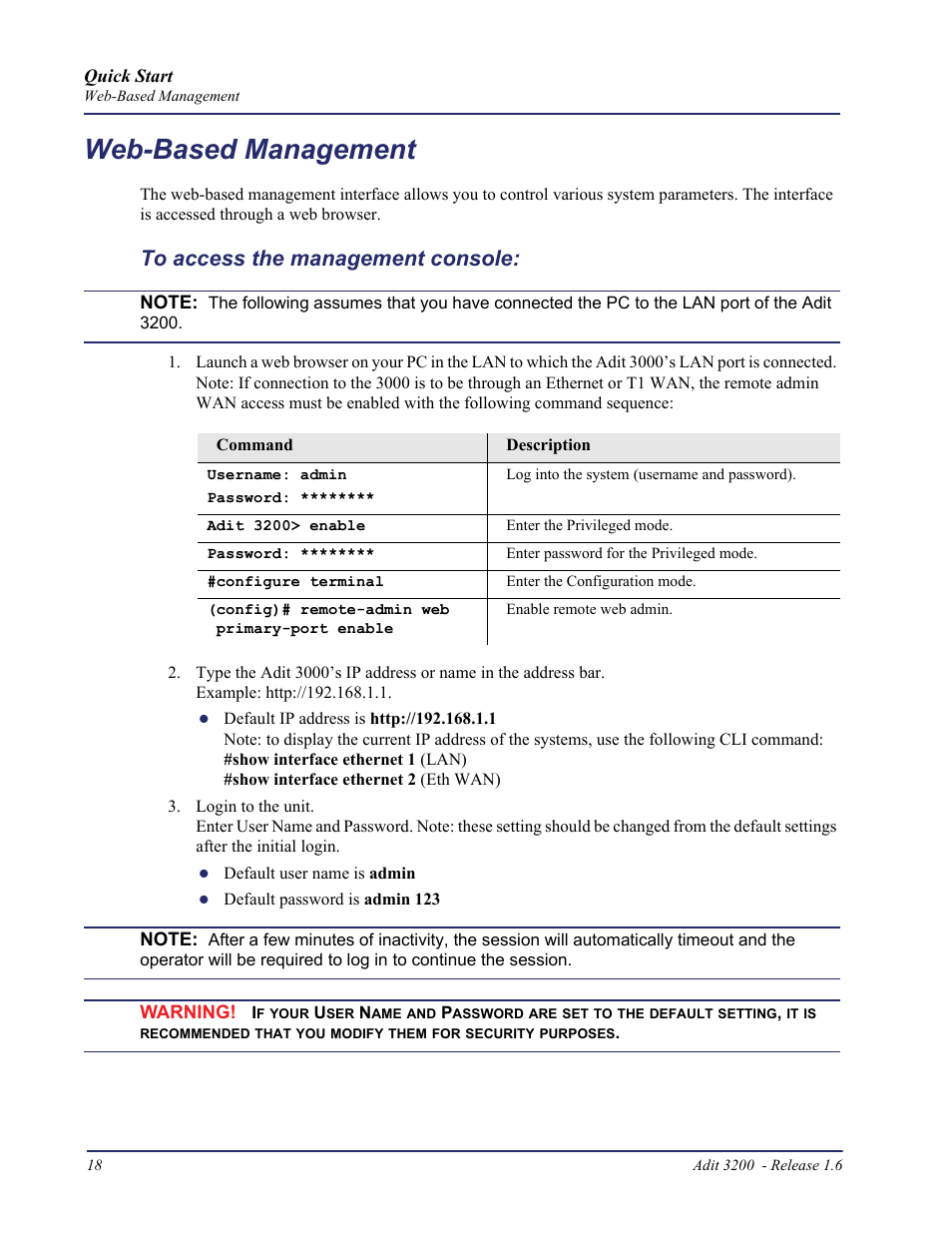 Web-based management, To access the management console | Carrier Access Adit 3200 User Manual | Page 18 / 28