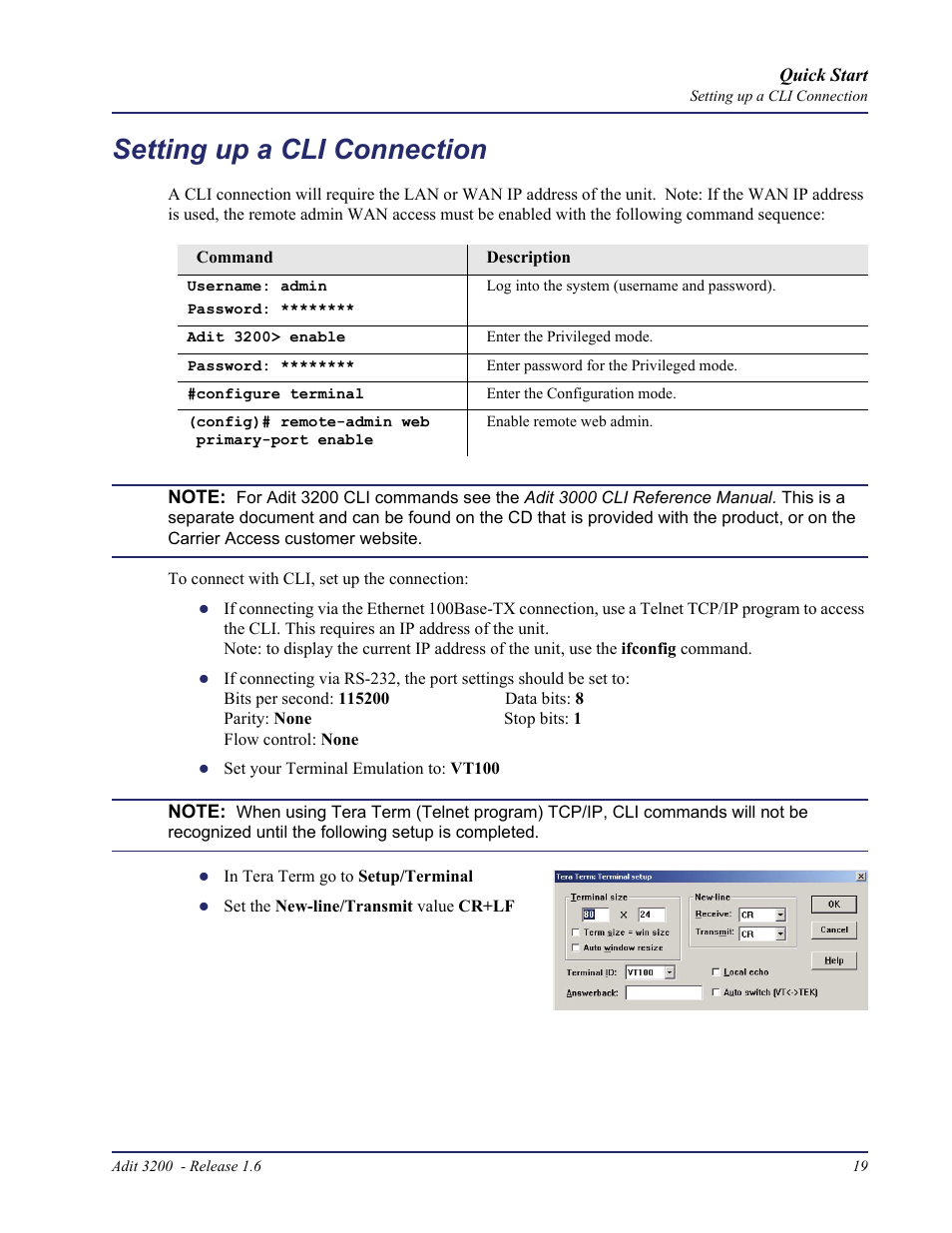 Setting up a cli connection | Carrier Access Adit 3200 User Manual | Page 19 / 28